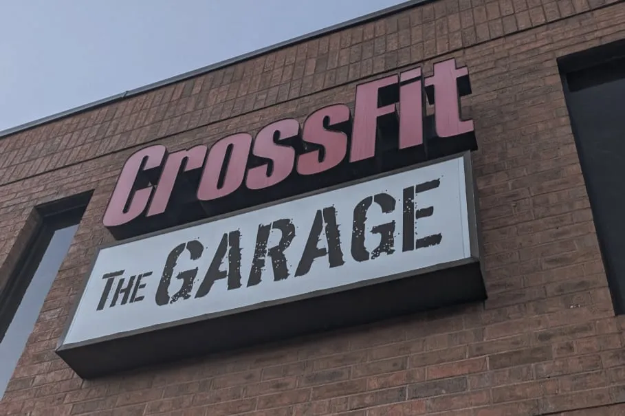 The CrossFit Garage building entrance and signage in Woodstock, GA — Chiro Cafe has no separate storefront, so this is what to look for.