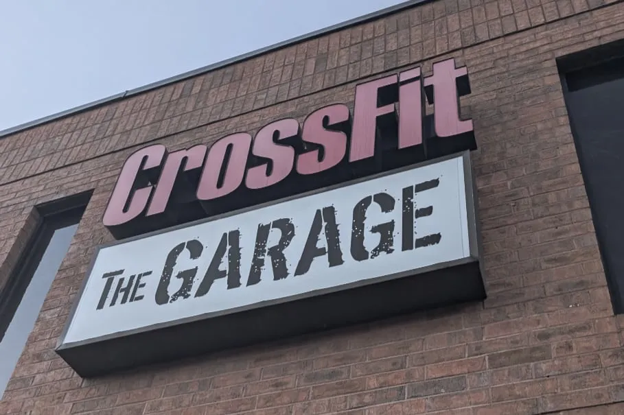 The CrossFit Garage building entrance and signage in Woodstock, GA — Chiro Cafe has no separate storefront, so this is what to look for.